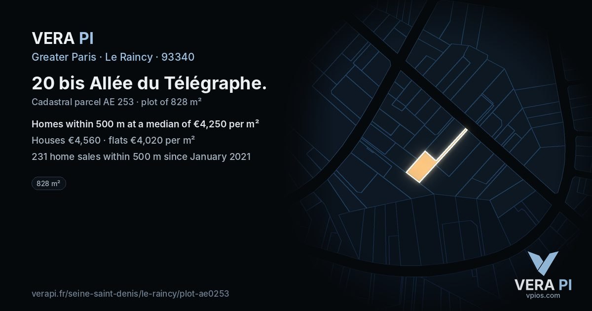 20 bis Allée du Télégraphe, Le Raincy at night – the plot lit, the parcels around coloured by the prices near them