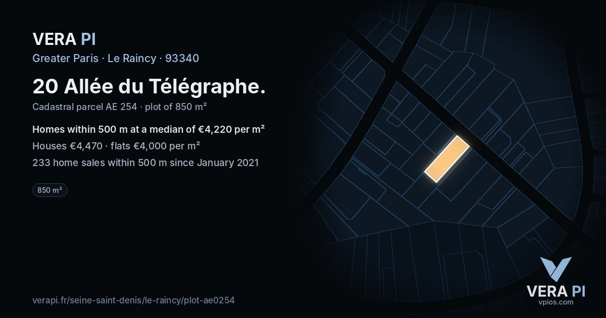 20 Allée du Télégraphe, Le Raincy at night – the plot lit, the parcels around coloured by the prices near them