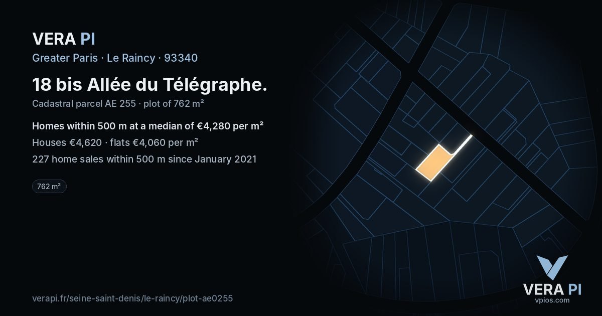 18 bis Allée du Télégraphe, Le Raincy at night – the plot lit, the parcels around coloured by the prices near them
