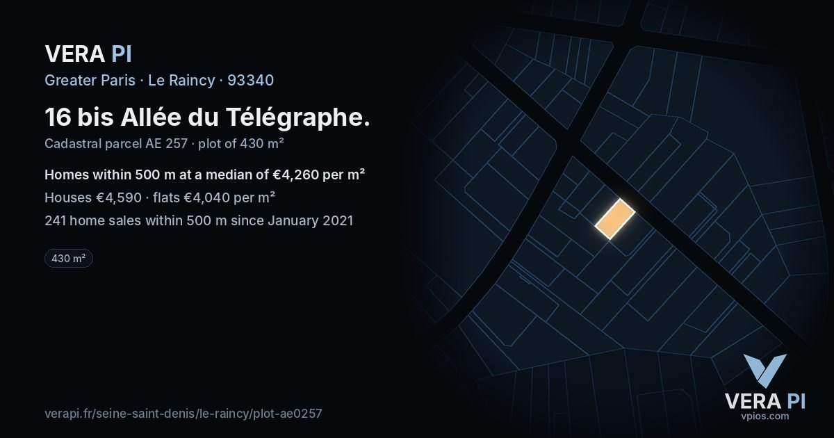 16 bis Allée du Télégraphe, Le Raincy at night – the plot lit, the parcels around coloured by the prices near them