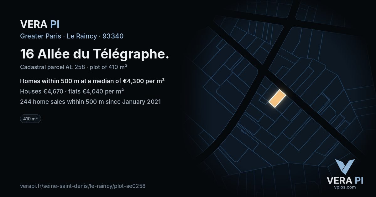 16 Allée du Télégraphe, Le Raincy at night – the plot lit, the parcels around coloured by the prices near them