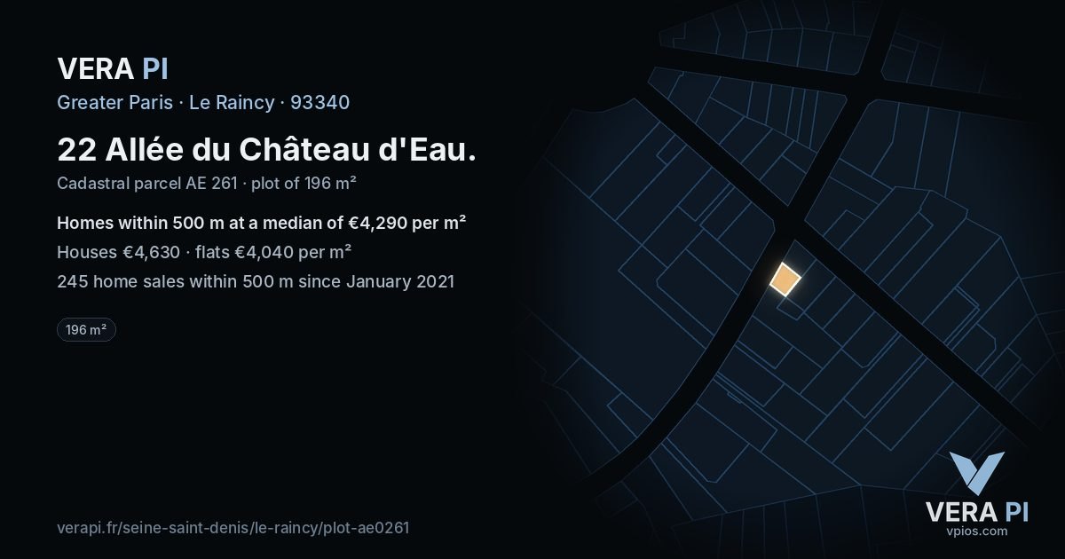 22 Allée du Château d'Eau, Le Raincy at night – the plot lit, the parcels around coloured by the prices near them