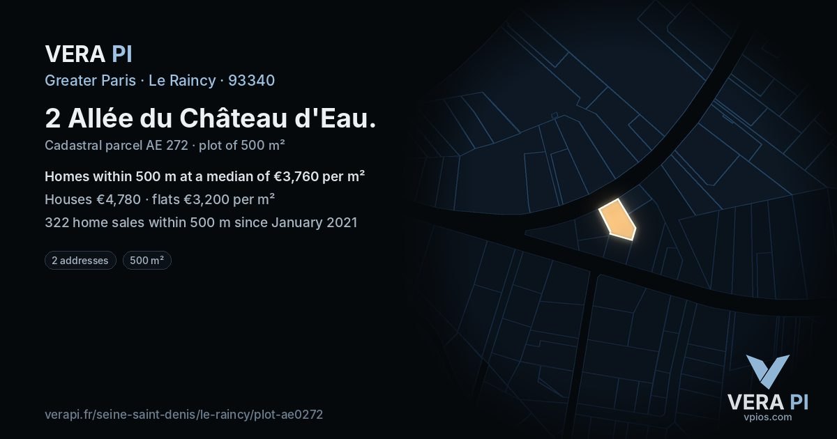 2 Allée du Château d'Eau, Le Raincy at night – the plot lit, the parcels around coloured by the prices near them