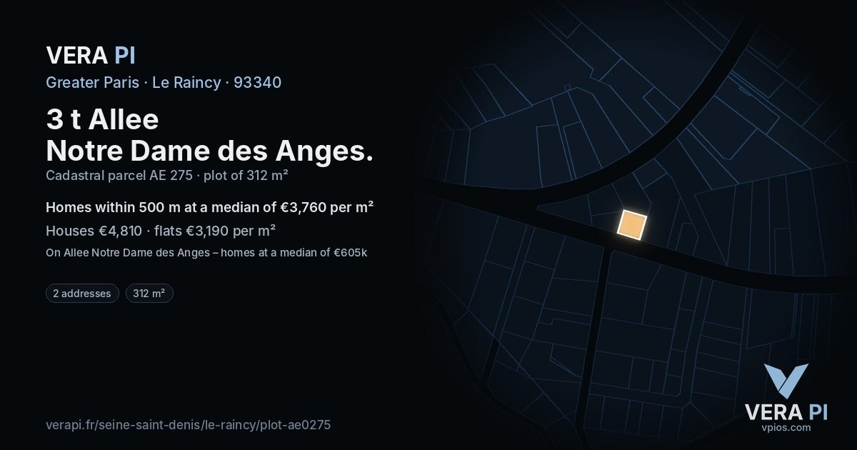 3 t Allee Notre Dame des Anges, Le Raincy at night – the plot lit, the parcels around coloured by the prices near them