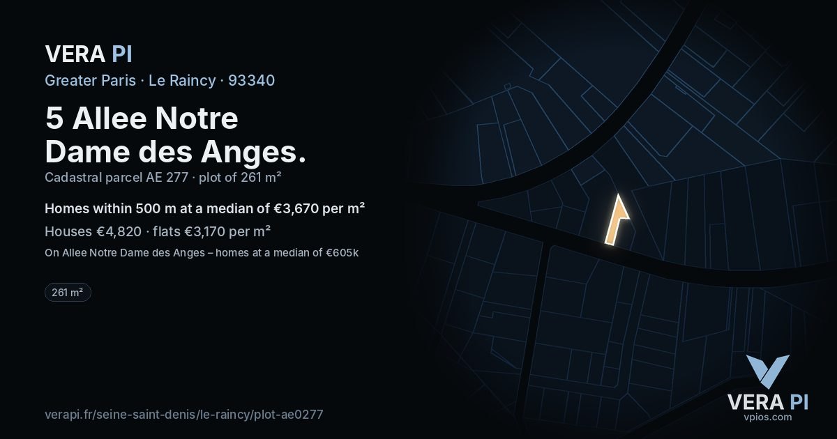 5 Allee Notre Dame des Anges, Le Raincy at night – the plot lit, the parcels around coloured by the prices near them