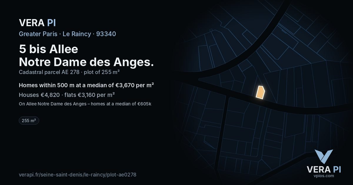 5 bis Allee Notre Dame des Anges, Le Raincy at night – the plot lit, the parcels around coloured by the prices near them