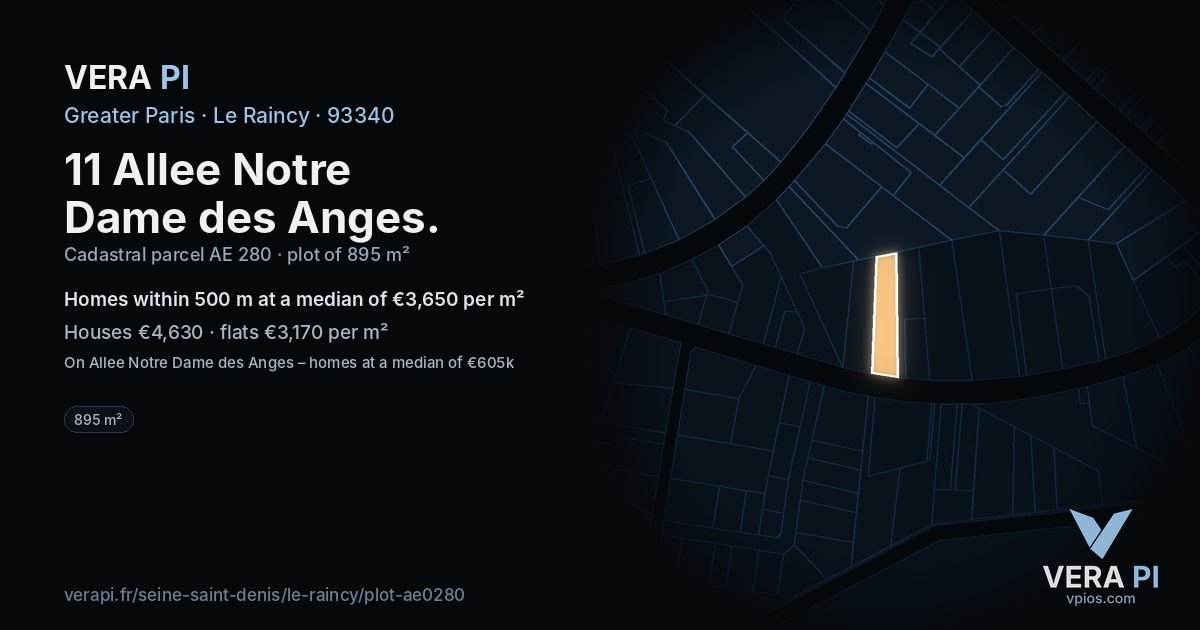 11 Allee Notre Dame des Anges, Le Raincy at night – the plot lit, the parcels around coloured by the prices near them