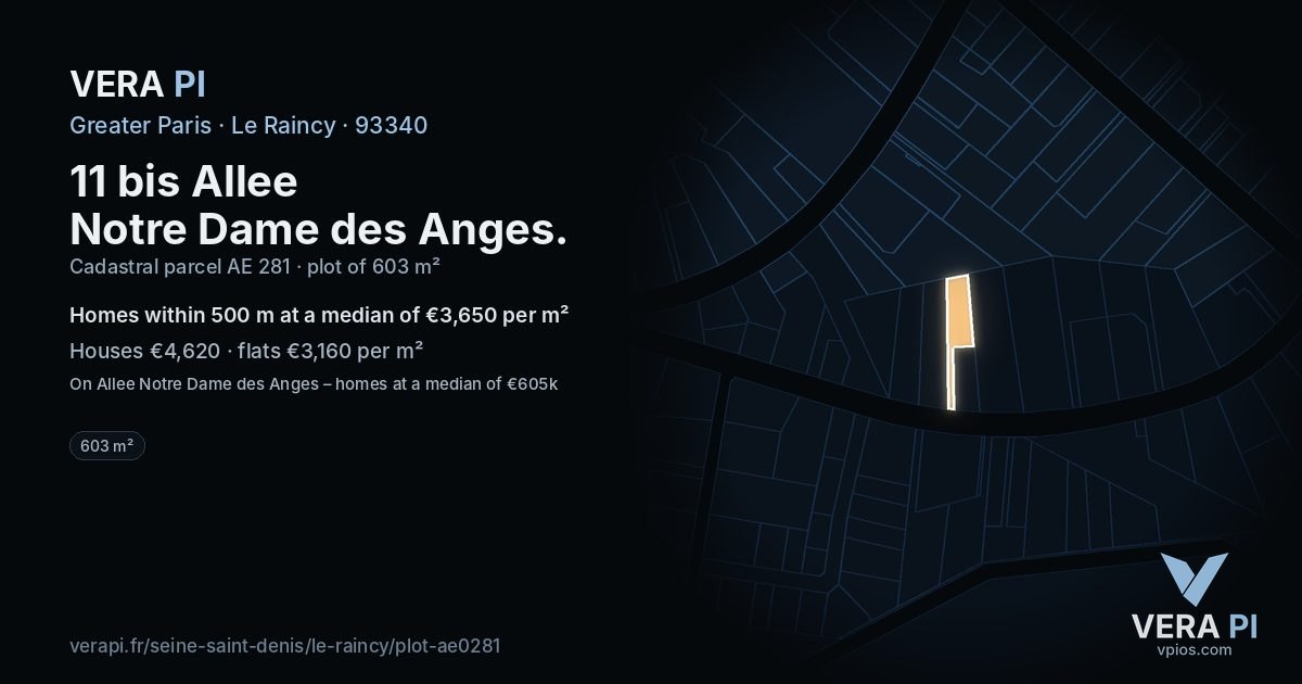 11 bis Allee Notre Dame des Anges, Le Raincy at night – the plot lit, the parcels around coloured by the prices near them