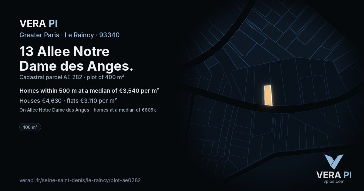 13 Allee Notre Dame des Anges, Le Raincy at night – the plot lit, the parcels around coloured by the prices near them