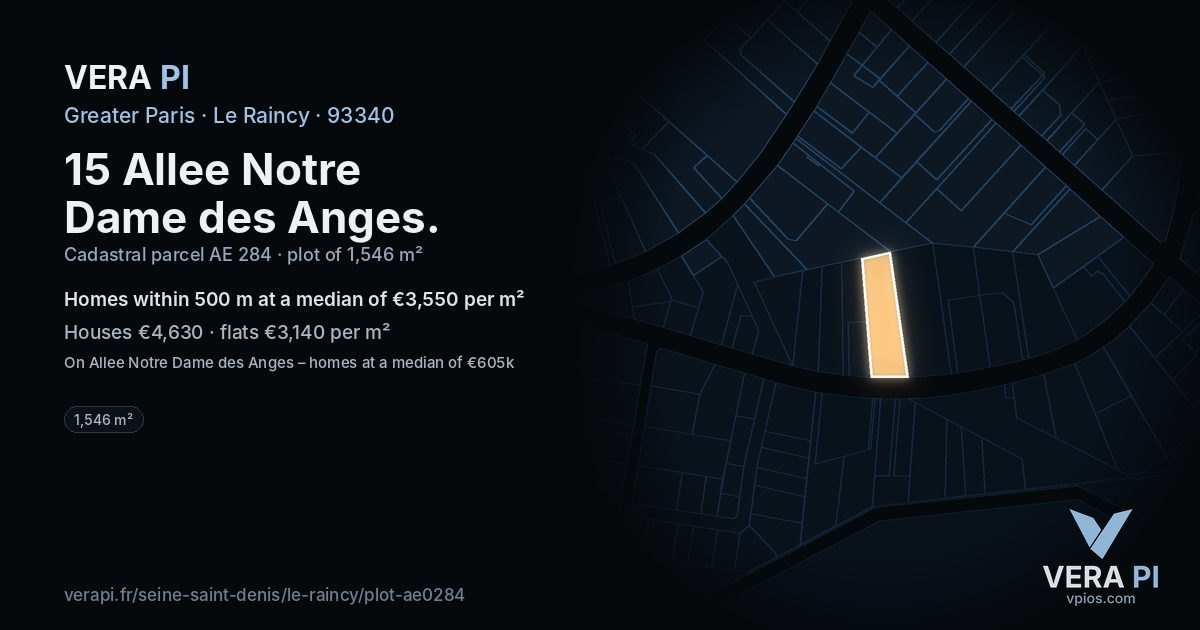 15 Allee Notre Dame des Anges, Le Raincy at night – the plot lit, the parcels around coloured by the prices near them