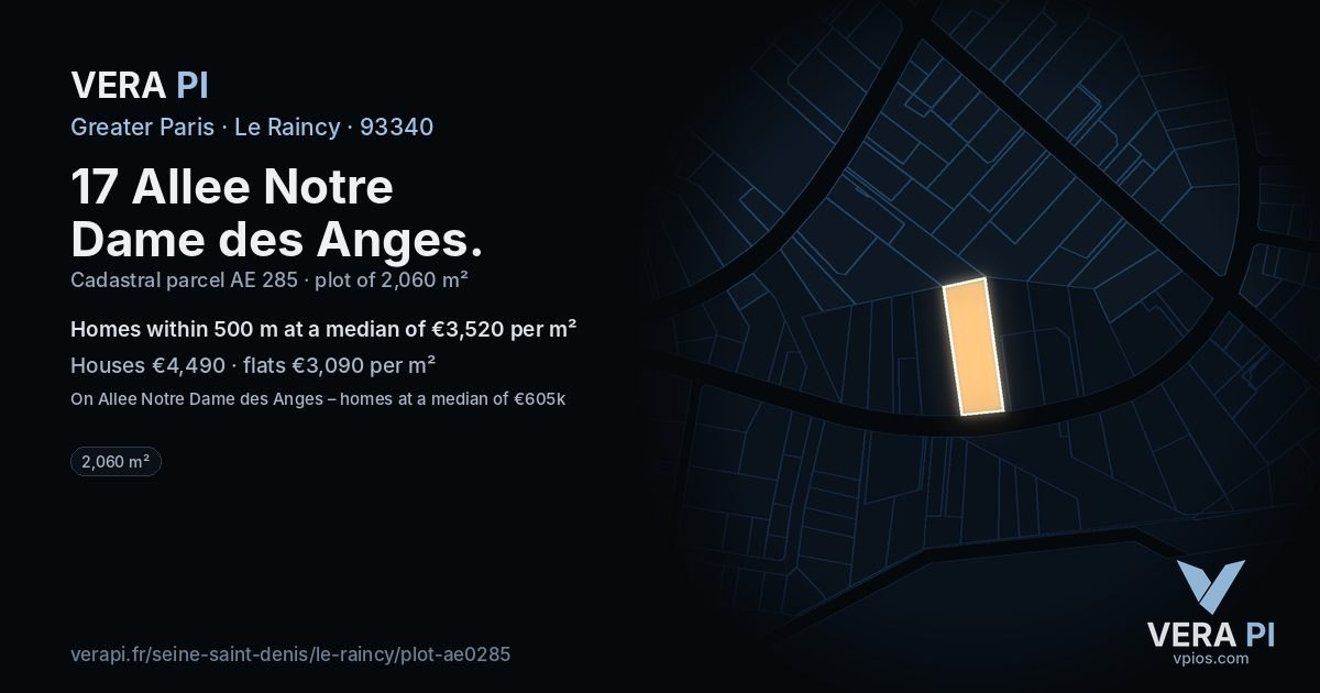 17 Allee Notre Dame des Anges, Le Raincy at night – the plot lit, the parcels around coloured by the prices near them
