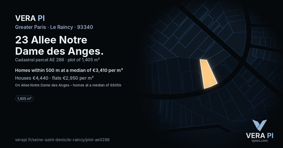 23 Allee Notre Dame des Anges, Le Raincy at night – the plot lit, the parcels around coloured by the prices near them