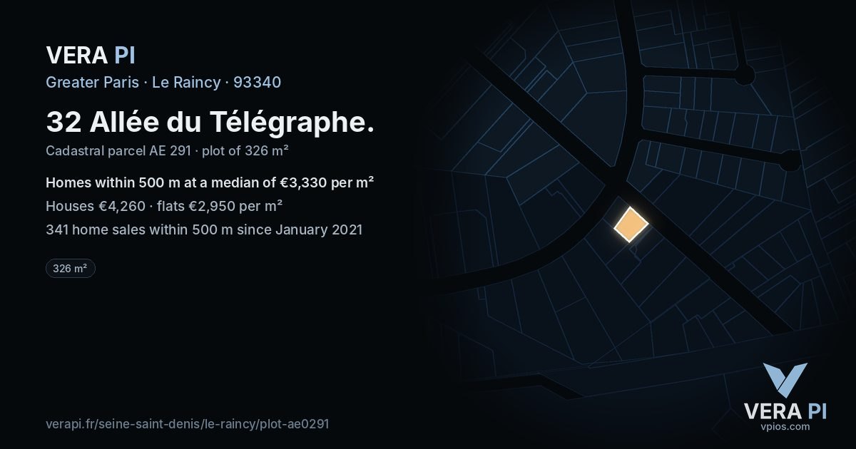 32 Allée du Télégraphe, Le Raincy at night – the plot lit, the parcels around coloured by the prices near them