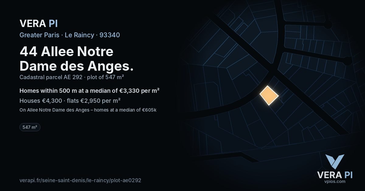 44 Allee Notre Dame des Anges, Le Raincy at night – the plot lit, the parcels around coloured by the prices near them