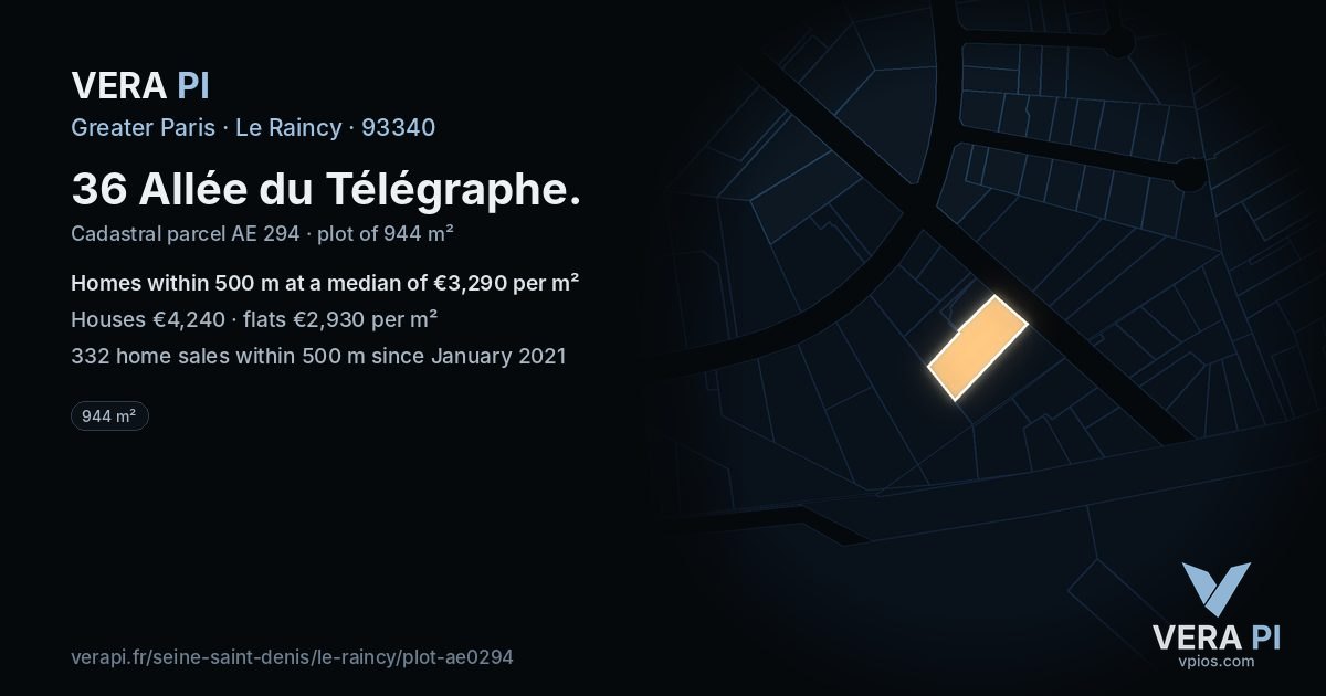 36 Allée du Télégraphe, Le Raincy at night – the plot lit, the parcels around coloured by the prices near them