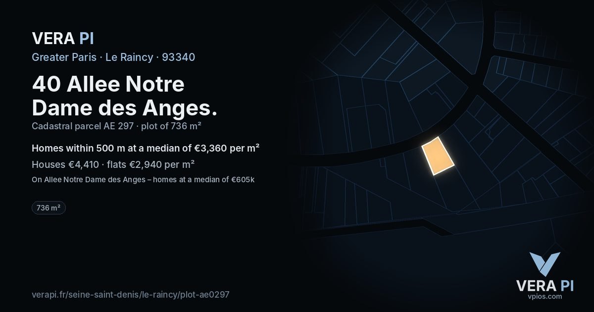 40 Allee Notre Dame des Anges, Le Raincy at night – the plot lit, the parcels around coloured by the prices near them