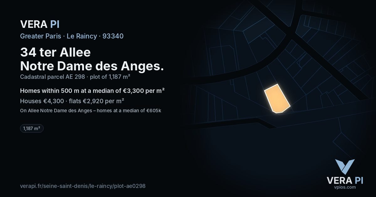 34 ter Allee Notre Dame des Anges, Le Raincy at night – the plot lit, the parcels around coloured by the prices near them