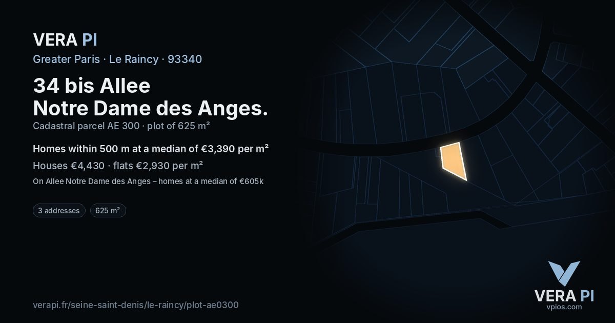 34 bis Allee Notre Dame des Anges, Le Raincy at night – the plot lit, the parcels around coloured by the prices near them