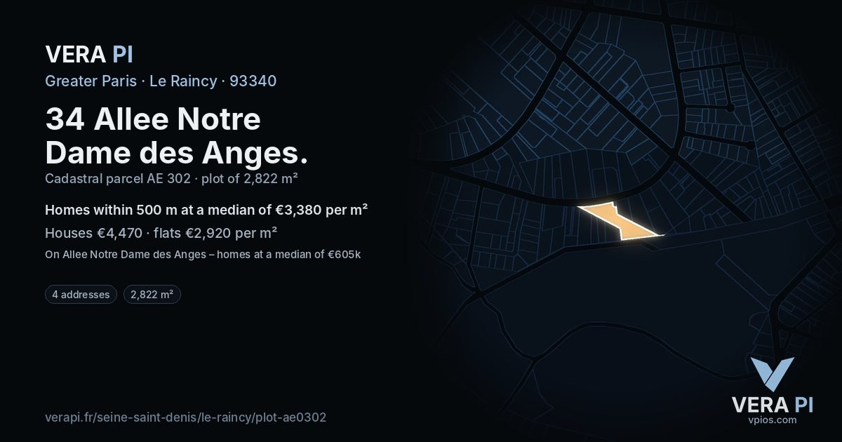 34 Allee Notre Dame des Anges, Le Raincy at night – the plot lit, the parcels around coloured by the prices near them