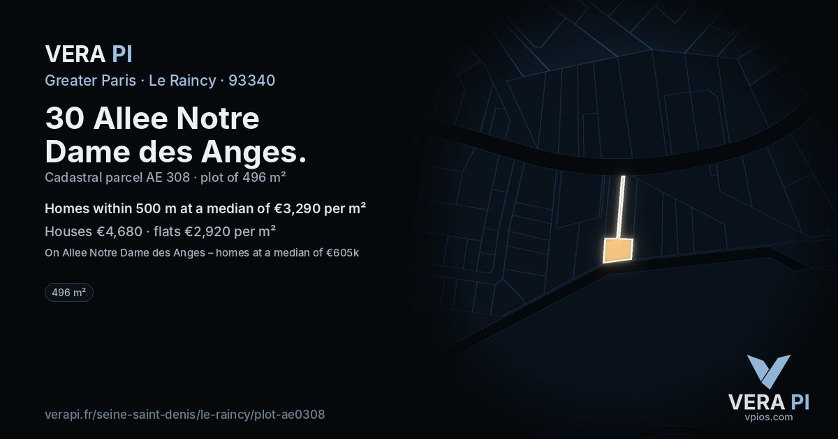 30 Allee Notre Dame des Anges, Le Raincy at night – the plot lit, the parcels around coloured by the prices near them