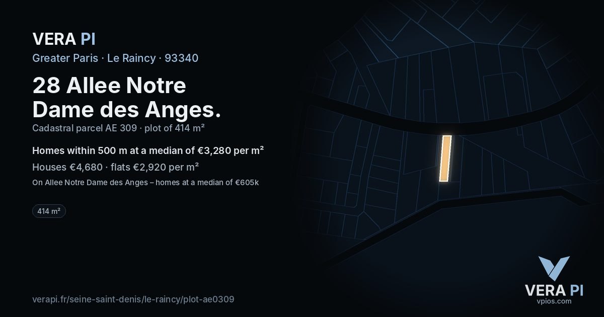 28 Allee Notre Dame des Anges, Le Raincy at night – the plot lit, the parcels around coloured by the prices near them