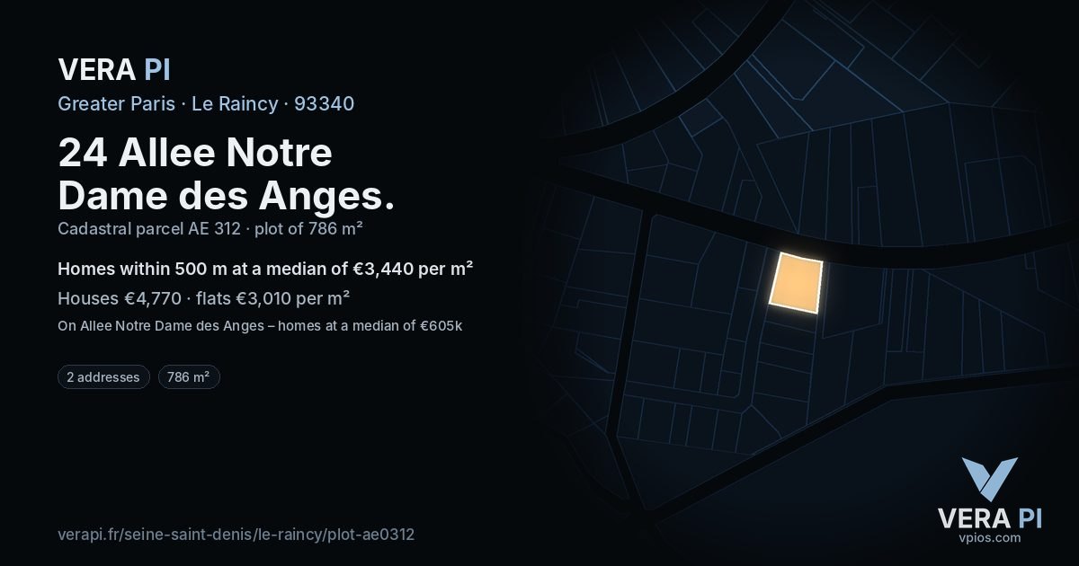 24 Allee Notre Dame des Anges, Le Raincy at night – the plot lit, the parcels around coloured by the prices near them