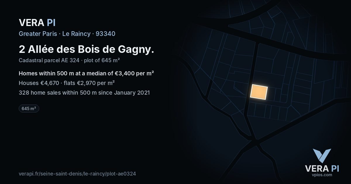 2 Allée des Bois de Gagny, Le Raincy at night – the plot lit, the parcels around coloured by the prices near them