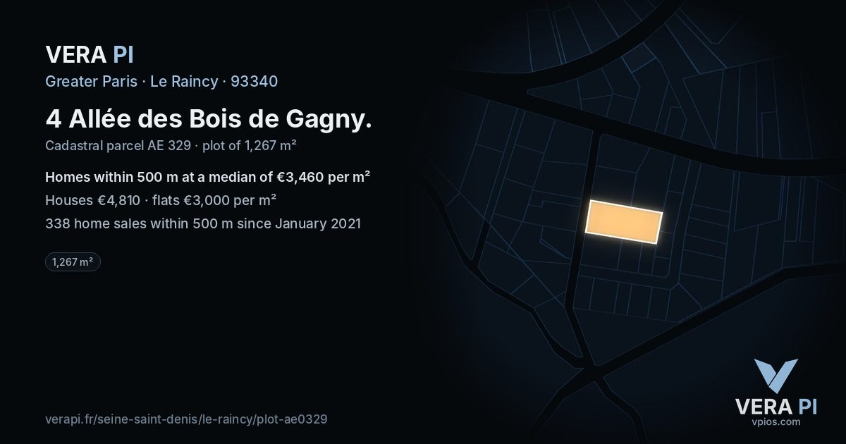 4 Allée des Bois de Gagny, Le Raincy at night – the plot lit, the parcels around coloured by the prices near them