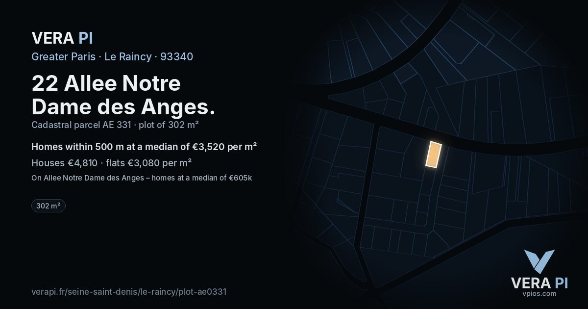 22 Allee Notre Dame des Anges, Le Raincy at night – the plot lit, the parcels around coloured by the prices near them