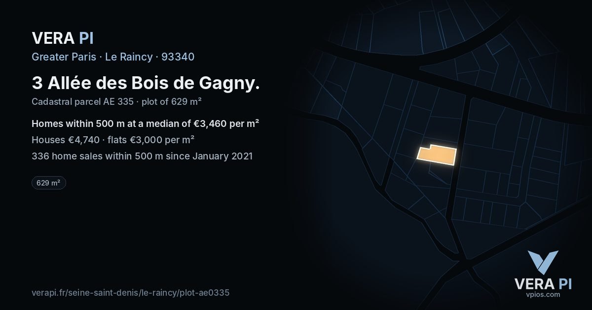 3 Allée des Bois de Gagny, Le Raincy at night – the plot lit, the parcels around coloured by the prices near them