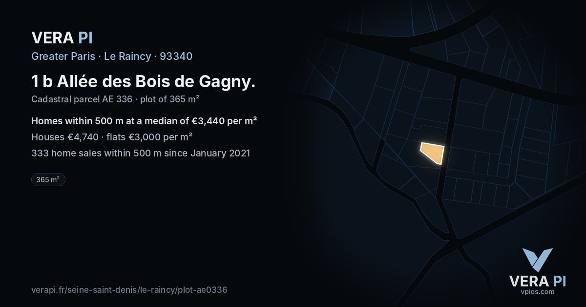 1 b Allée des Bois de Gagny, Le Raincy at night – the plot lit, the parcels around coloured by the prices near them