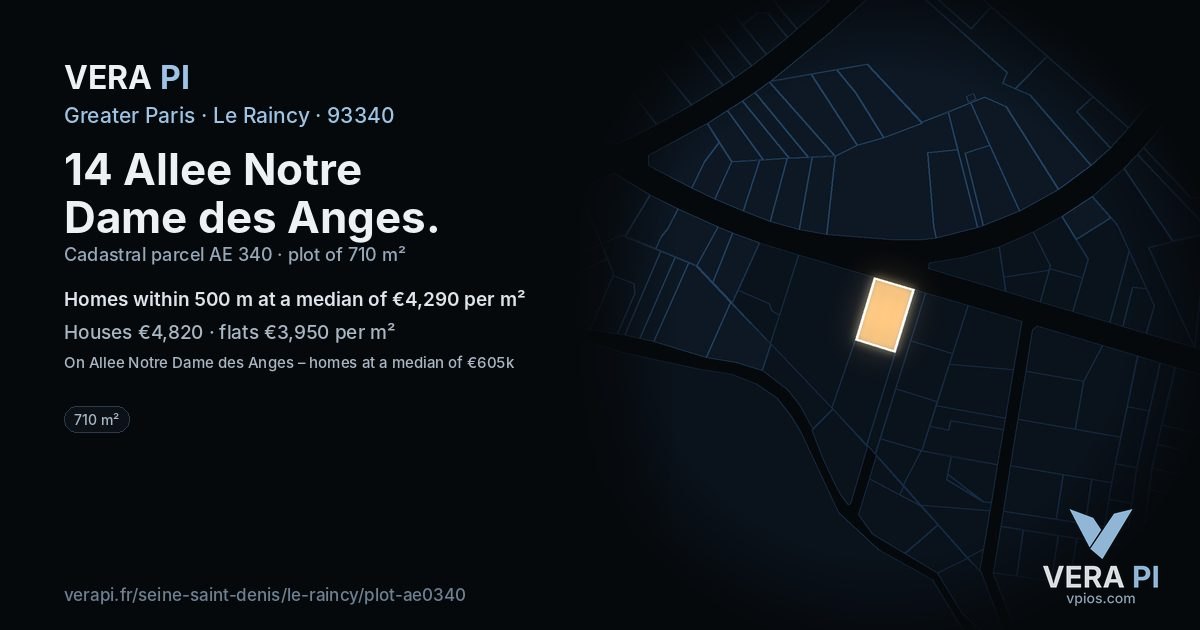 14 Allee Notre Dame des Anges, Le Raincy at night – the plot lit, the parcels around coloured by the prices near them