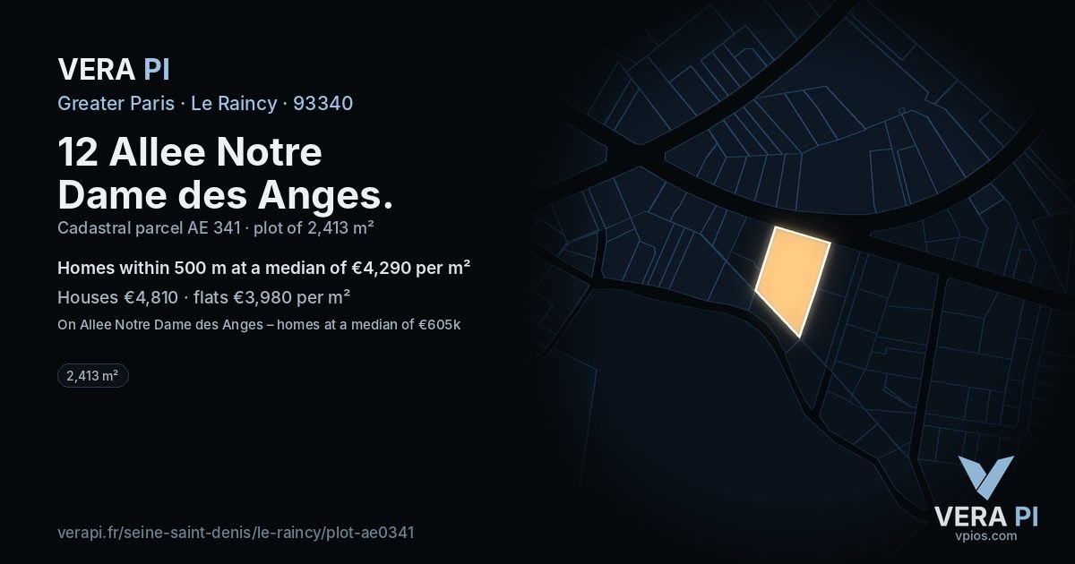 12 Allee Notre Dame des Anges, Le Raincy at night – the plot lit, the parcels around coloured by the prices near them