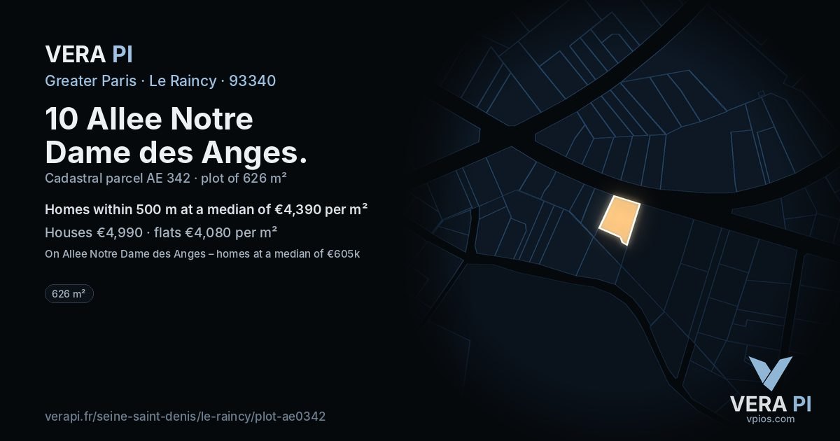 10 Allee Notre Dame des Anges, Le Raincy at night – the plot lit, the parcels around coloured by the prices near them
