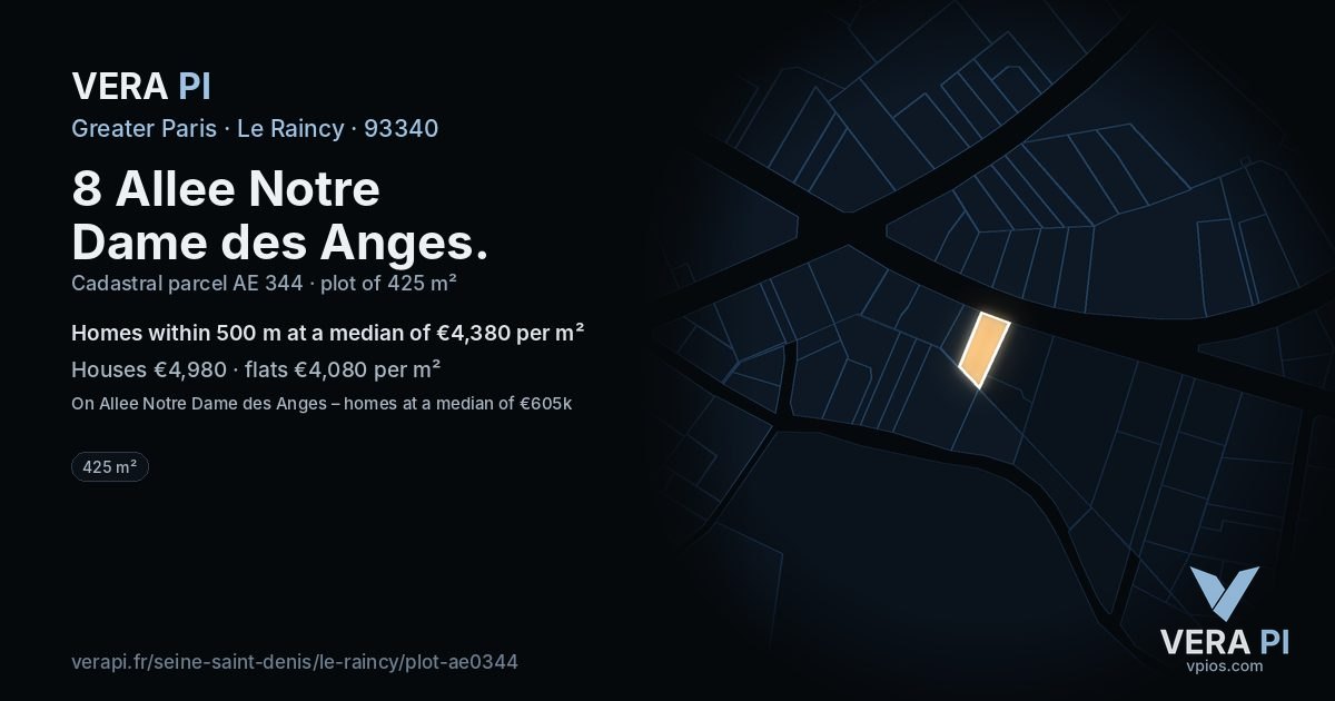 8 Allee Notre Dame des Anges, Le Raincy at night – the plot lit, the parcels around coloured by the prices near them