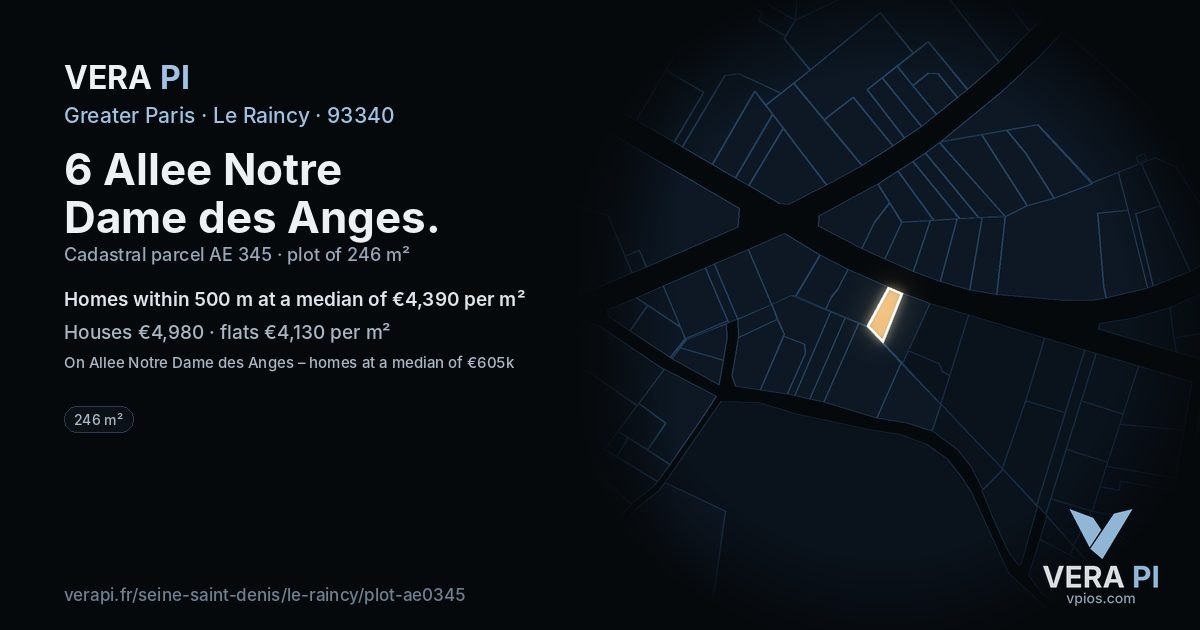 6 Allee Notre Dame des Anges, Le Raincy at night – the plot lit, the parcels around coloured by the prices near them