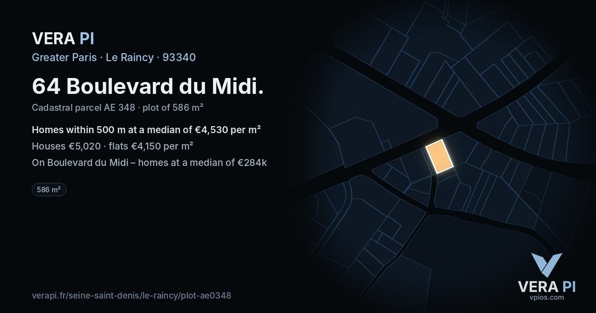 64 Boulevard du Midi, Le Raincy at night – the plot lit, the parcels around coloured by the prices near them