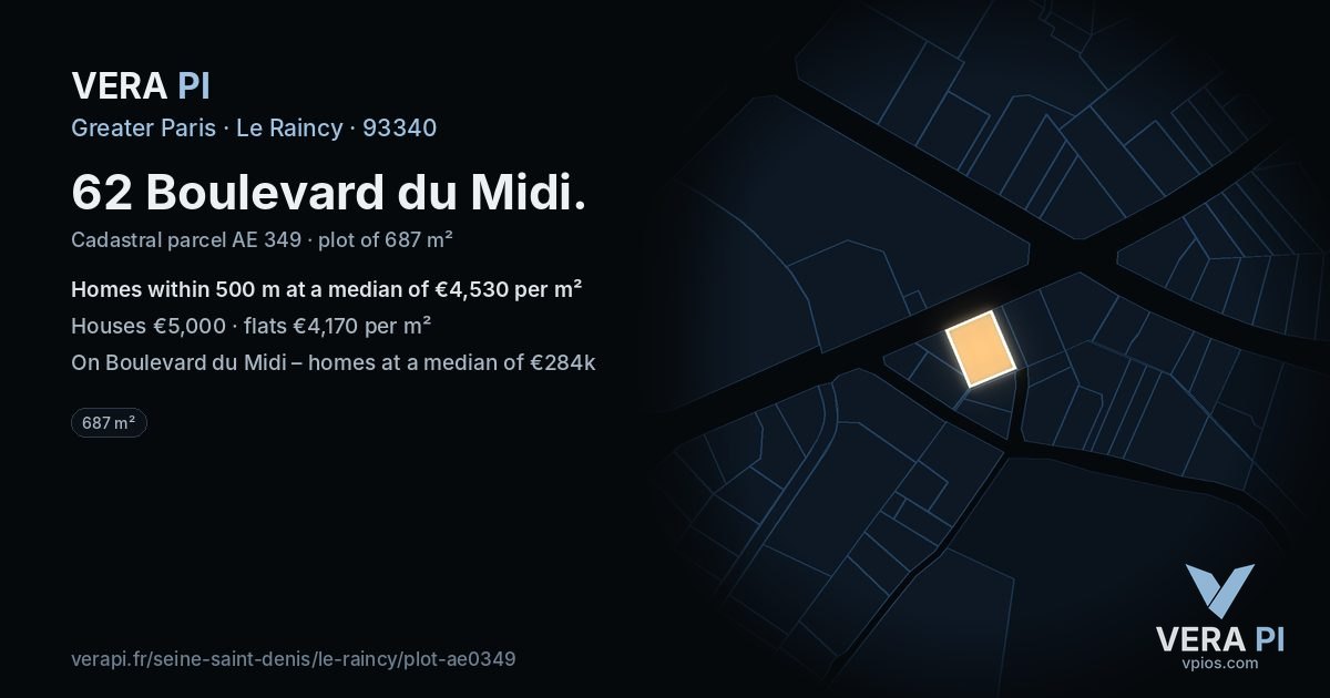 62 Boulevard du Midi, Le Raincy at night – the plot lit, the parcels around coloured by the prices near them