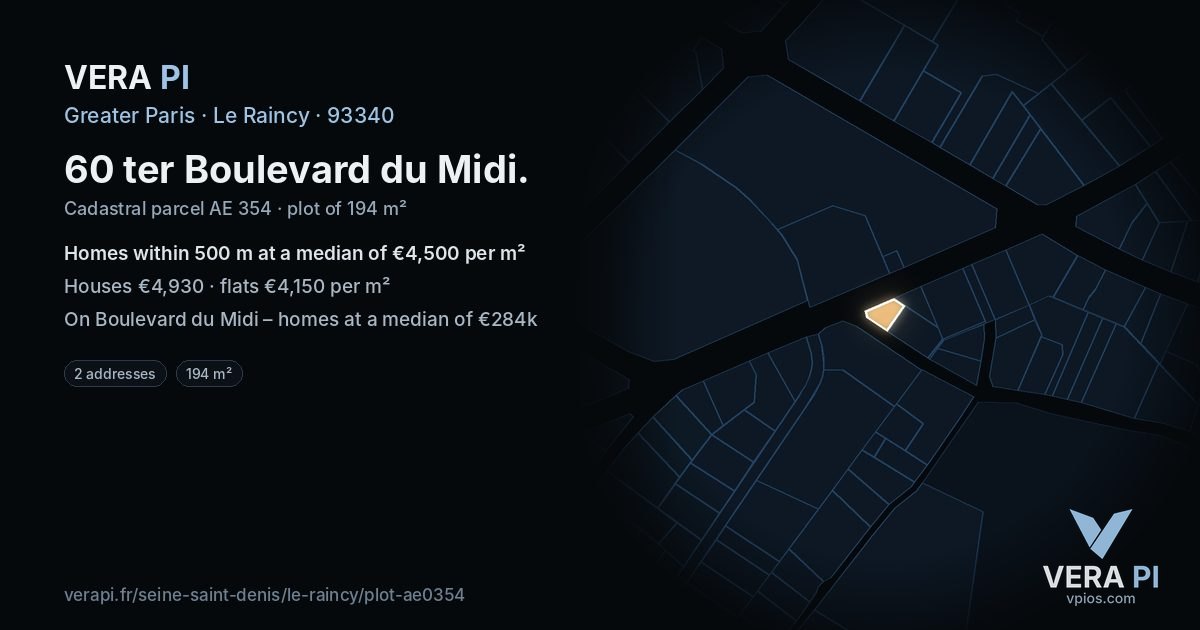60 ter Boulevard du Midi, Le Raincy at night – the plot lit, the parcels around coloured by the prices near them