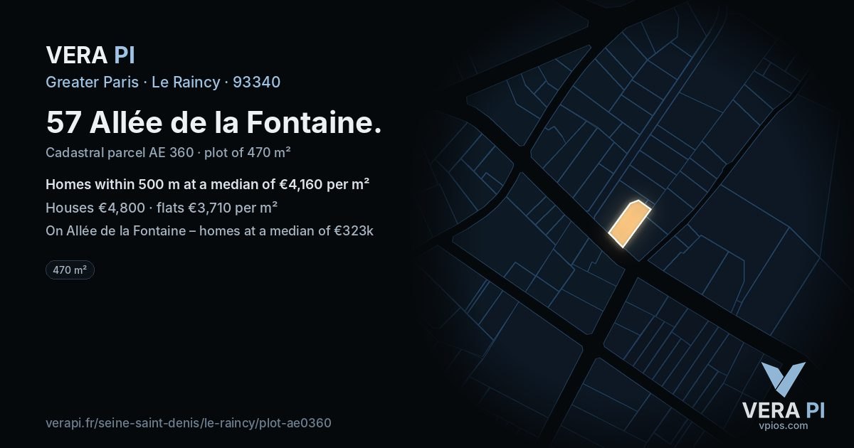 57 Allée de la Fontaine, Le Raincy at night – the plot lit, the parcels around coloured by the prices near them