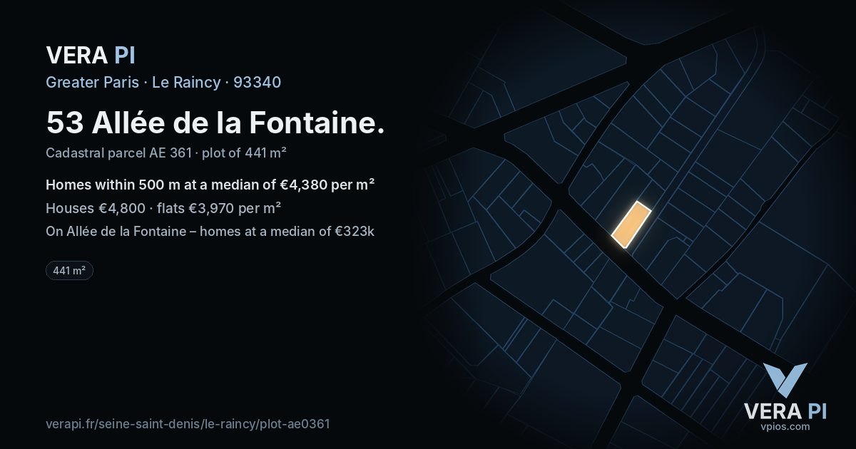 53 Allée de la Fontaine, Le Raincy at night – the plot lit, the parcels around coloured by the prices near them