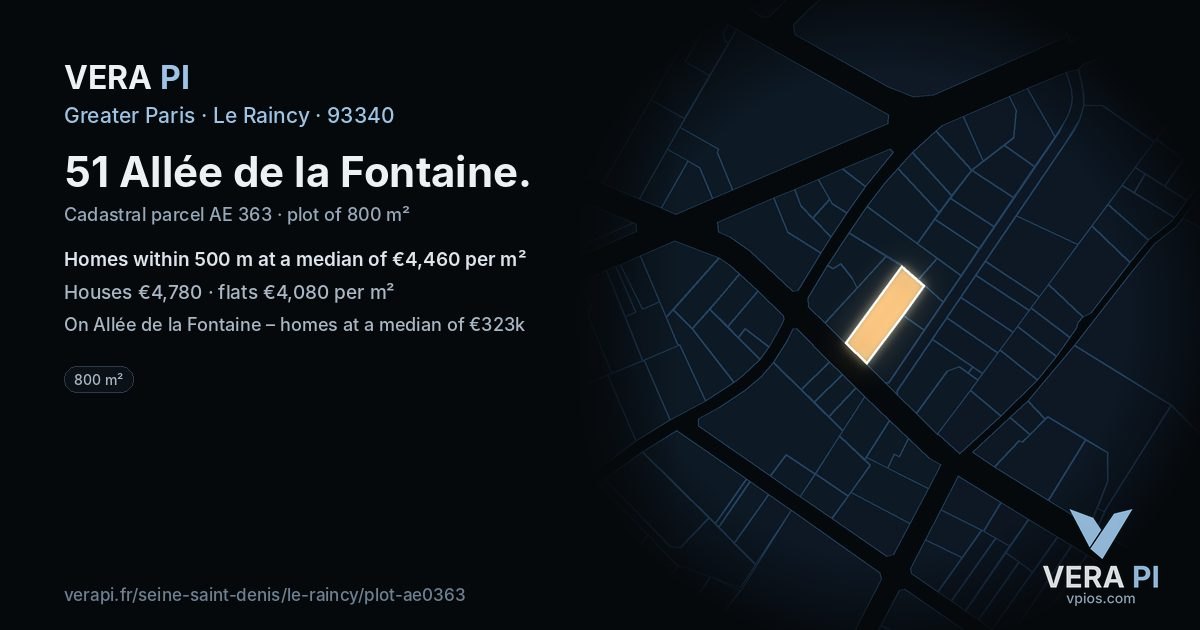 51 Allée de la Fontaine, Le Raincy at night – the plot lit, the parcels around coloured by the prices near them
