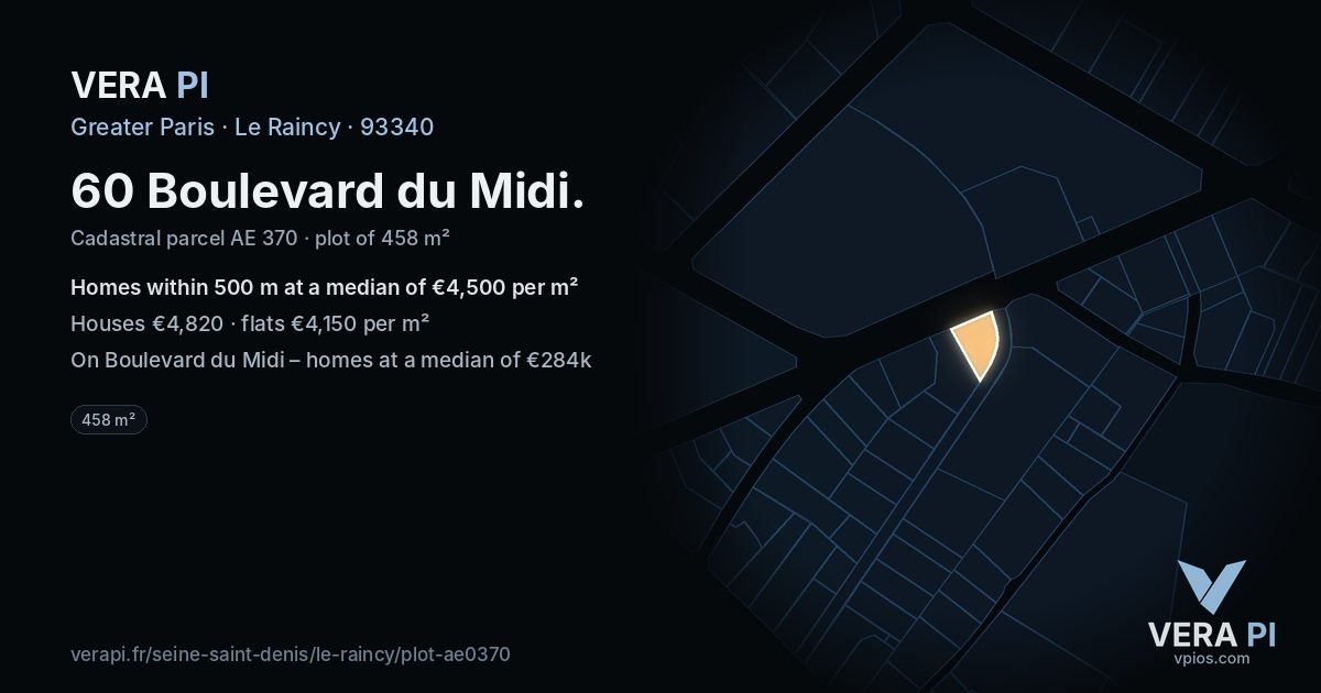 60 Boulevard du Midi, Le Raincy at night – the plot lit, the parcels around coloured by the prices near them