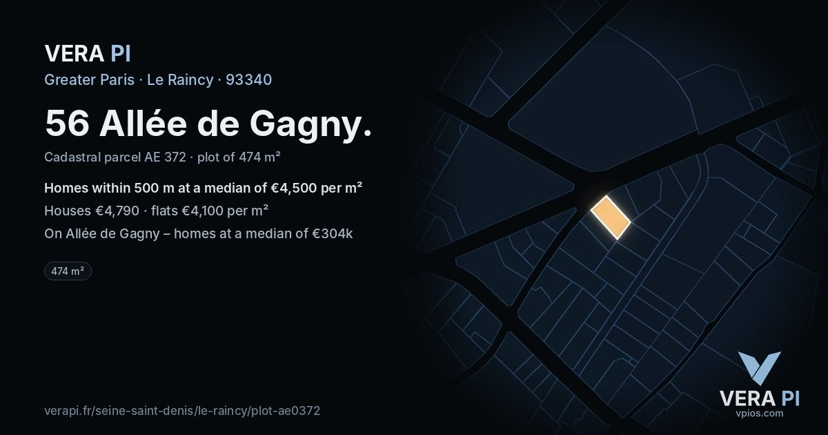 56 Allée de Gagny, Le Raincy at night – the plot lit, the parcels around coloured by the prices near them