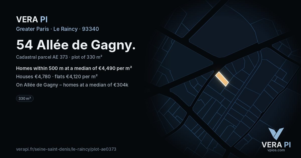 54 Allée de Gagny, Le Raincy at night – the plot lit, the parcels around coloured by the prices near them