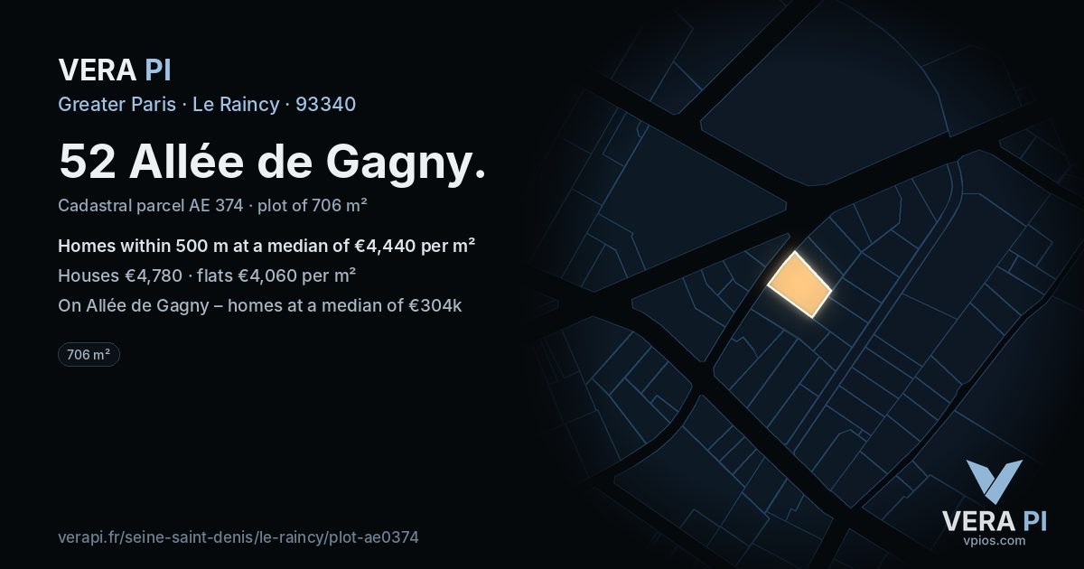 52 Allée de Gagny, Le Raincy at night – the plot lit, the parcels around coloured by the prices near them