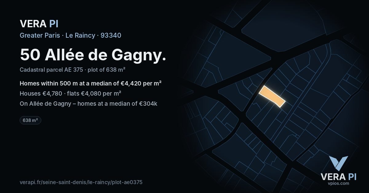 50 Allée de Gagny, Le Raincy at night – the plot lit, the parcels around coloured by the prices near them