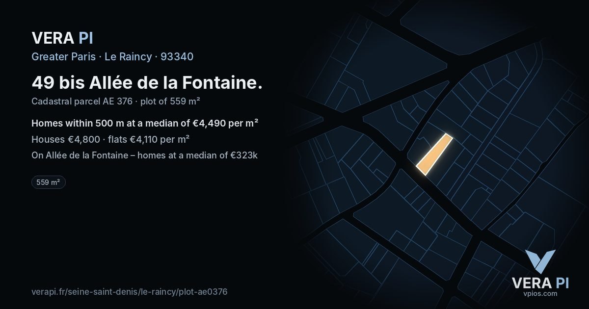 49 bis Allée de la Fontaine, Le Raincy at night – the plot lit, the parcels around coloured by the prices near them