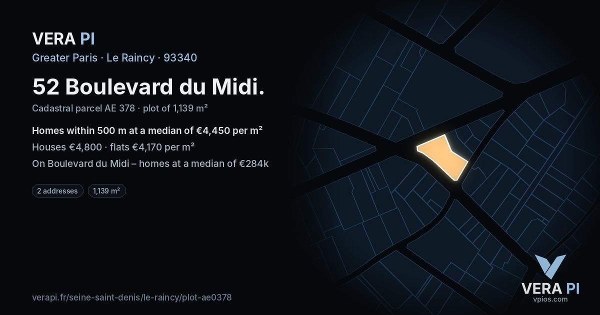 52 Boulevard du Midi, Le Raincy at night – the plot lit, the parcels around coloured by the prices near them