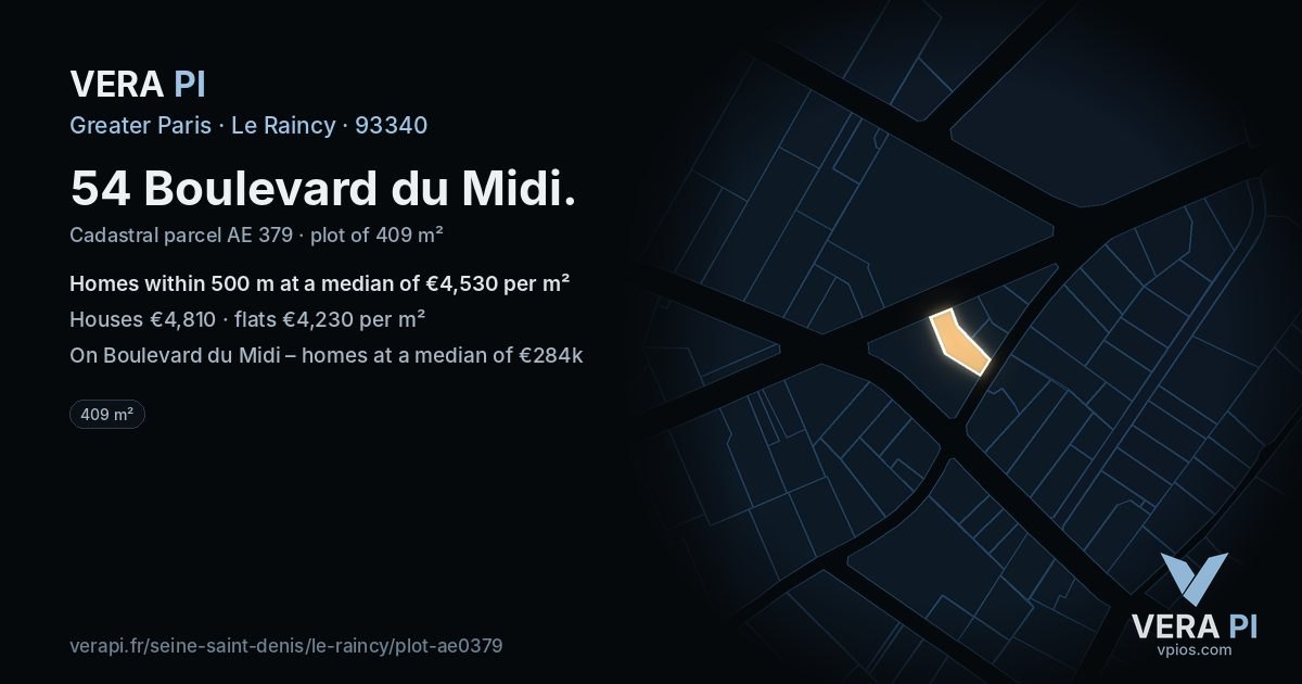 54 Boulevard du Midi, Le Raincy at night – the plot lit, the parcels around coloured by the prices near them